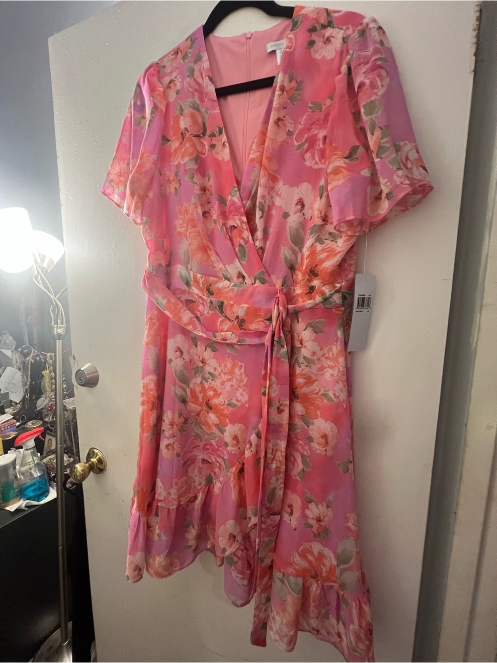 London Times Pink Floral Wrap Midi Dress